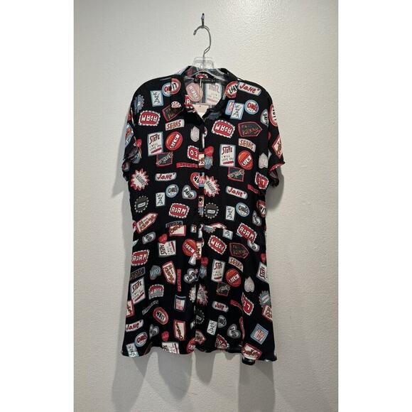 Zara Size Medium Boys Names Heart Print Drop Waist Dress Button Front Artsy RARE - Picture 1 of 9